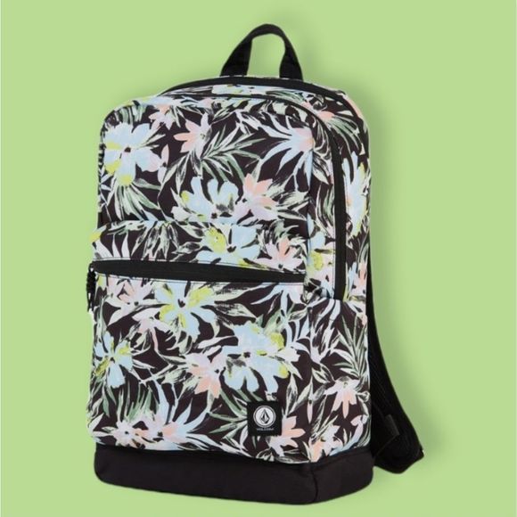 VOLCOM Girls Tropical Floral Print School Backpack Travel Hiking Black Bag - NWT - Picture 1 of 3